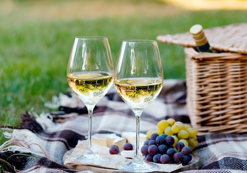 Na imagem, há duas taças de vinho branco em uma toalha de piquenique em parque