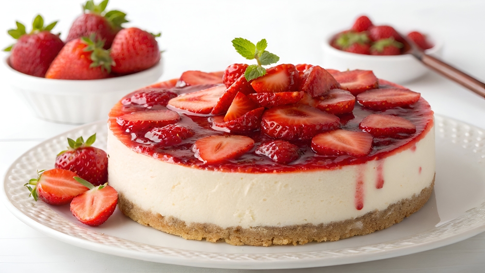 Torta de requeijão com calda de frutas vermelhas